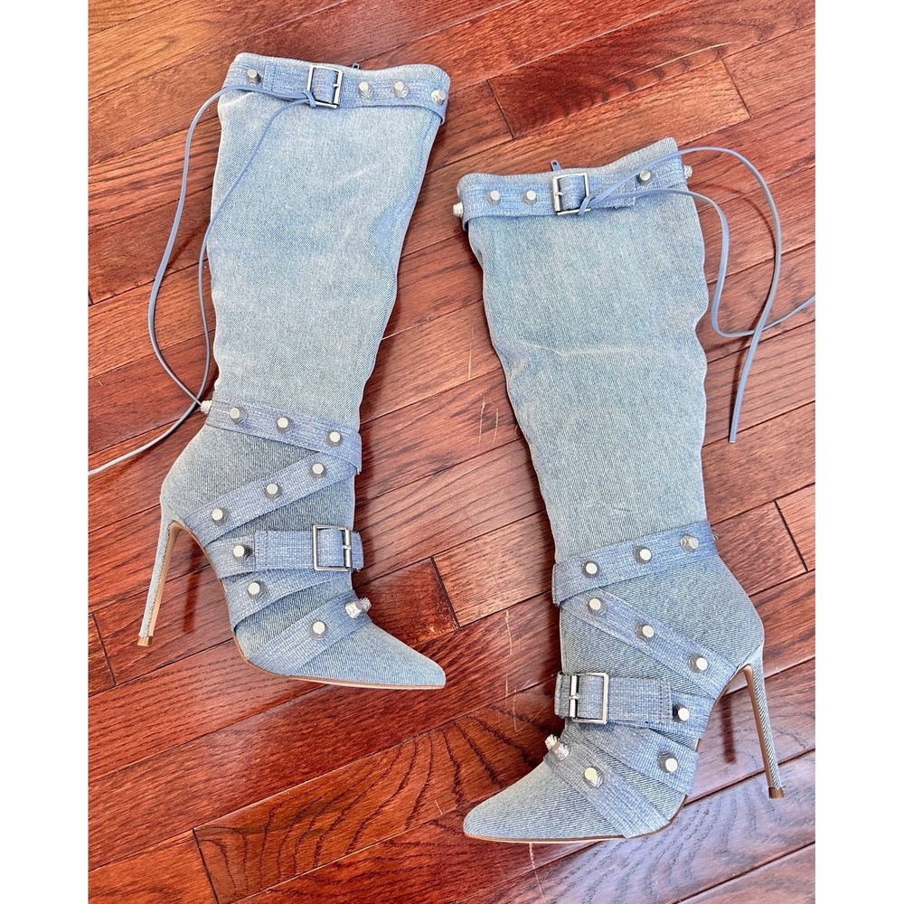 NEW Steve Madden Fink Light Denim Studded Y2K Below the Knee Heeled Boots 6.5 - Picture 2 of 11